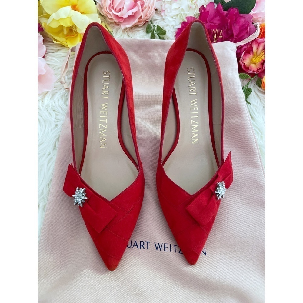 NEW Stuart Weitzman Crystal Rhinestones Star Bow Red Suede Leather Heels Pumps